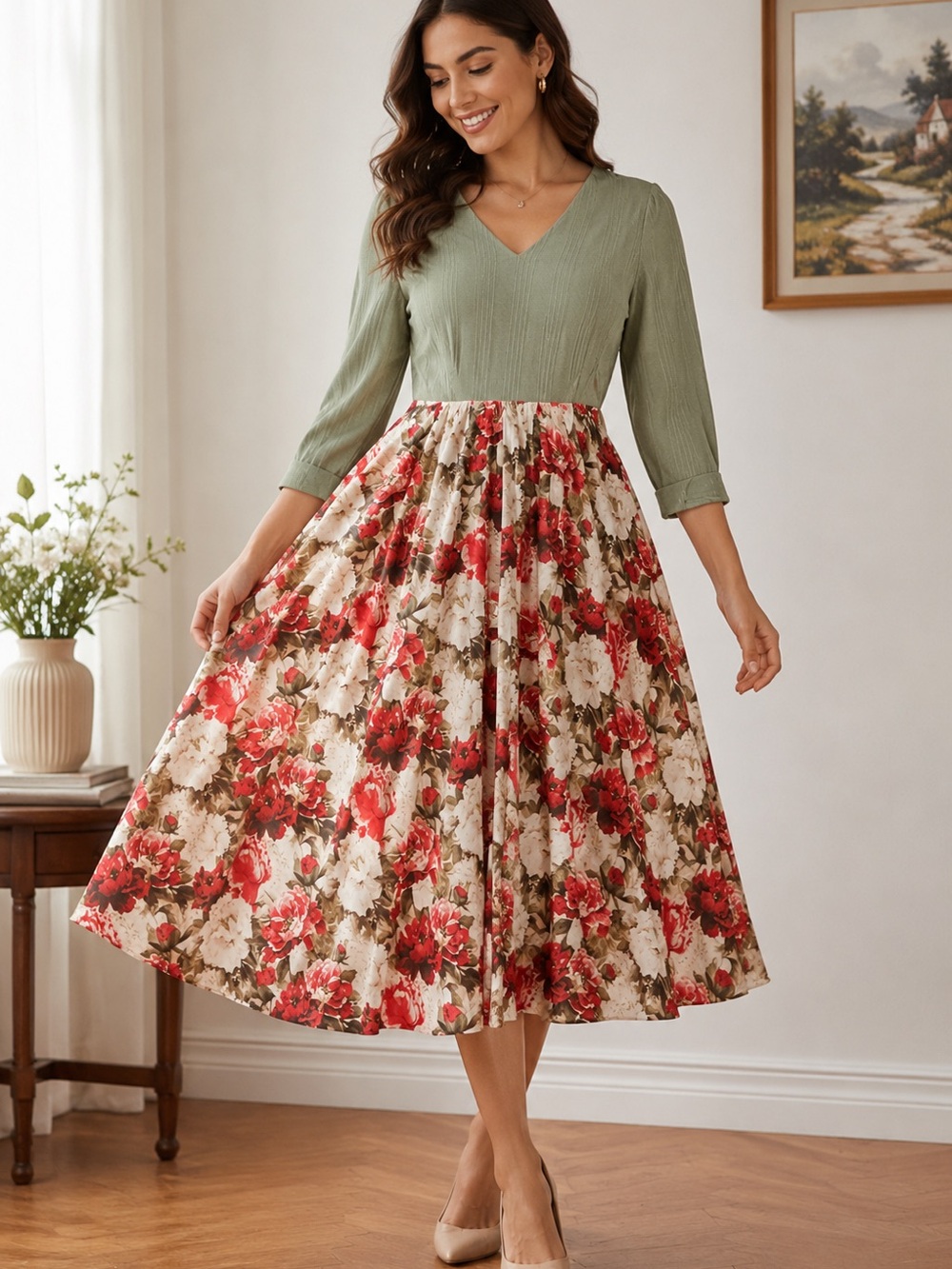 Floral Midi Dress with Sage Green Bodice
